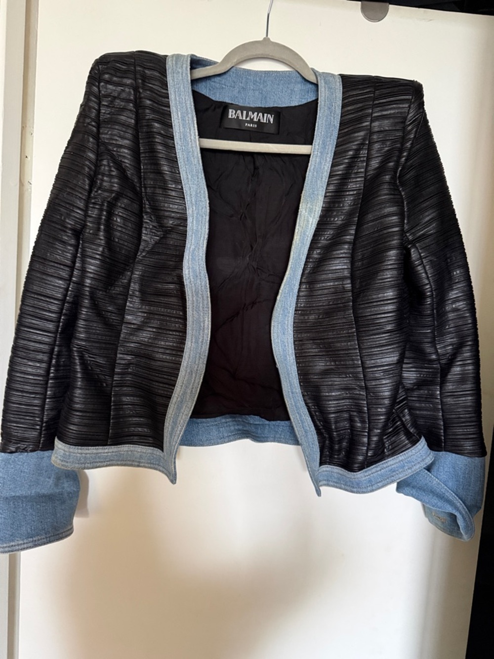 Balmain Black Textured Jacket with Light Blue Denim Trim 44